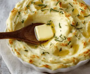 Creamy baked mashed potatoes garnished with herbs on a white plate, featuring a golden crust and a smooth, luscious texture.