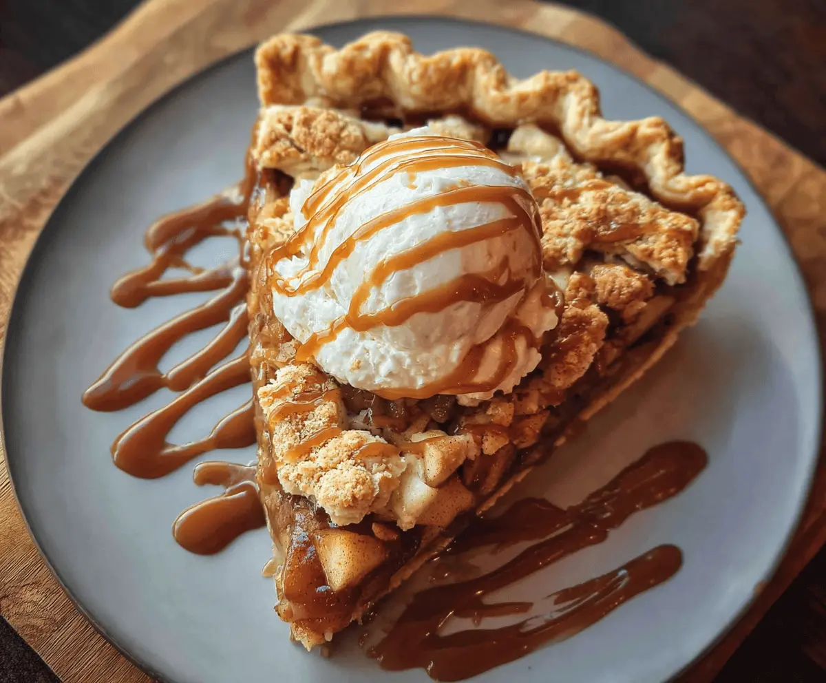 Delicious toffee apple pie topped with caramel and fresh apples, perfect for dessert.