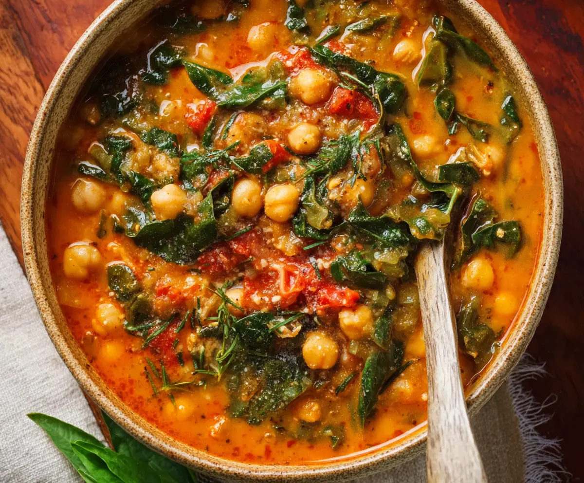 Hearty Tuscan Chickpea Soup in a rustic bowl, garnished with fresh herbs and served hot.