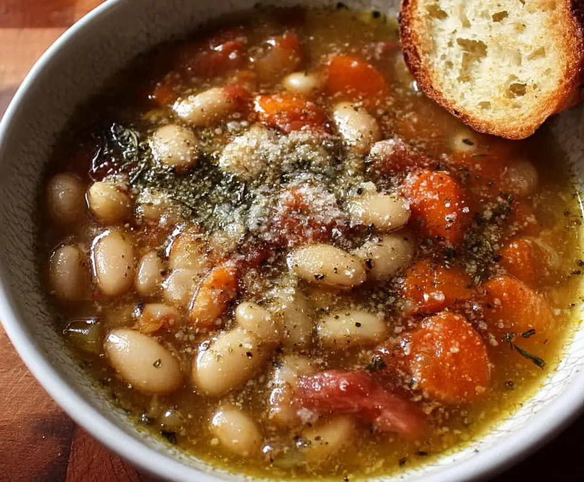 Creamy Tuscan White Bean Soup with fresh herbs and olive oil served in a bowl.