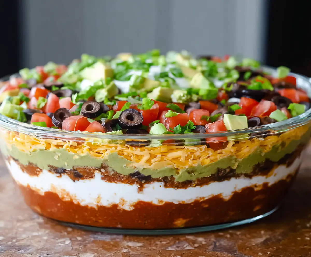 Delicious Ultimate 7 Layer Dip with vibrant layers of beans cheese and avocado served in a bowl