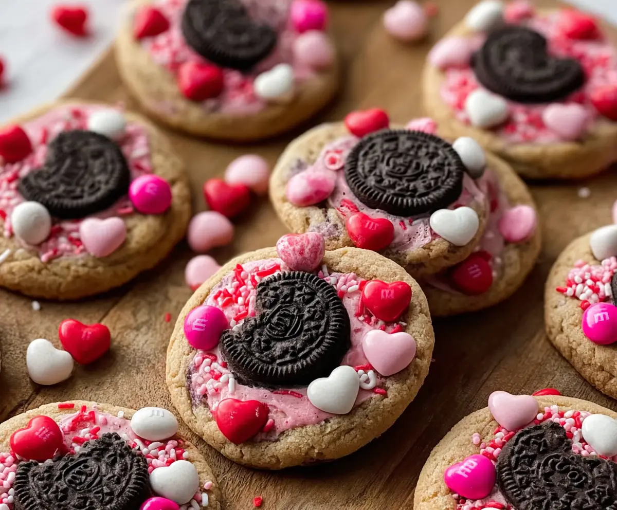 Delicious Valentine's Day Oreo cookies with M&M's for a festive treat.