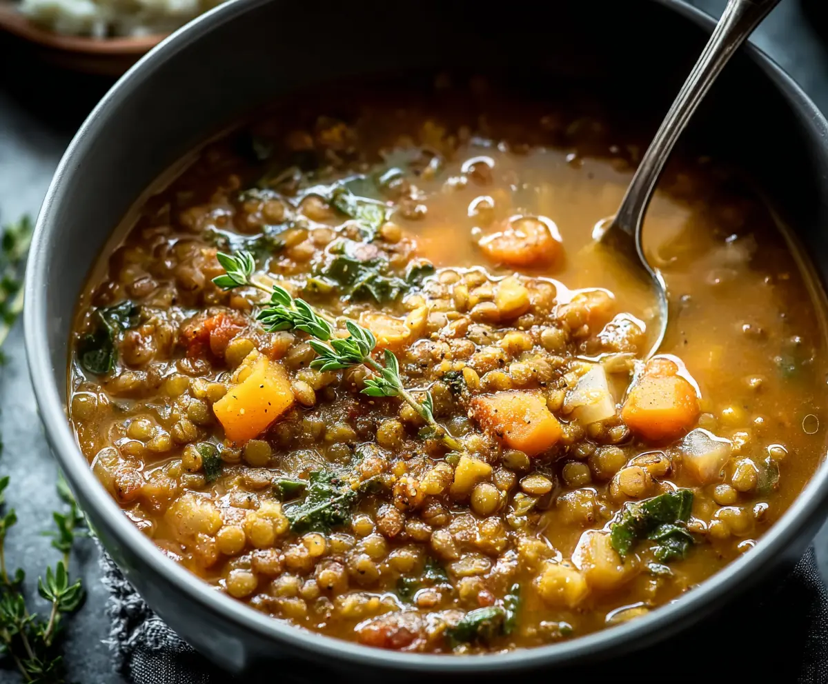 Warm Lentil Soup in a bowl garnished with fresh herbs, perfect for a cozy meal.