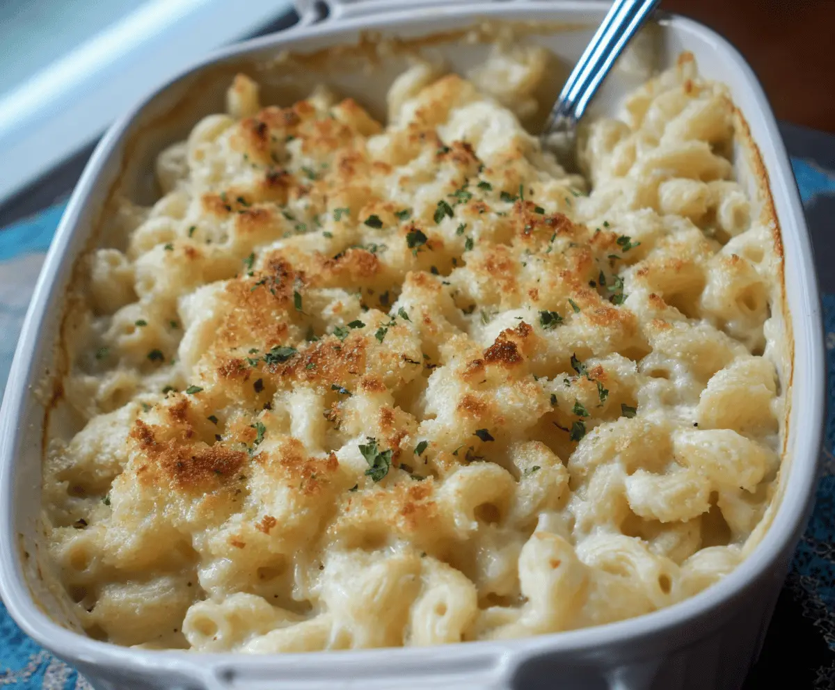 Creamy white truffle mac and cheese in a white bowl with grated cheese on top