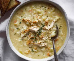 A hot bowl of creamy cauliflower chicken soup garnished with herbs, ready in 30 minutes.