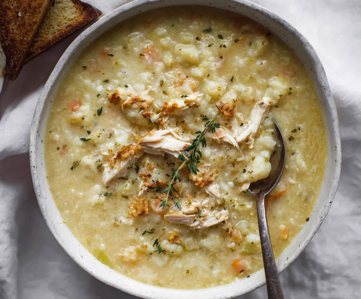 A hot bowl of creamy cauliflower chicken soup garnished with herbs, ready in 30 minutes.