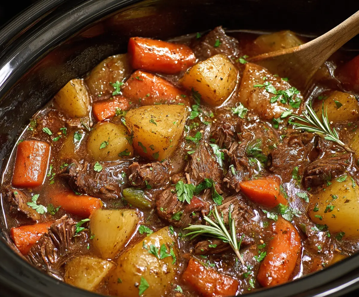 Delicious homemade beef stew cooking in a crock pot, perfect for a cozy family dinner.