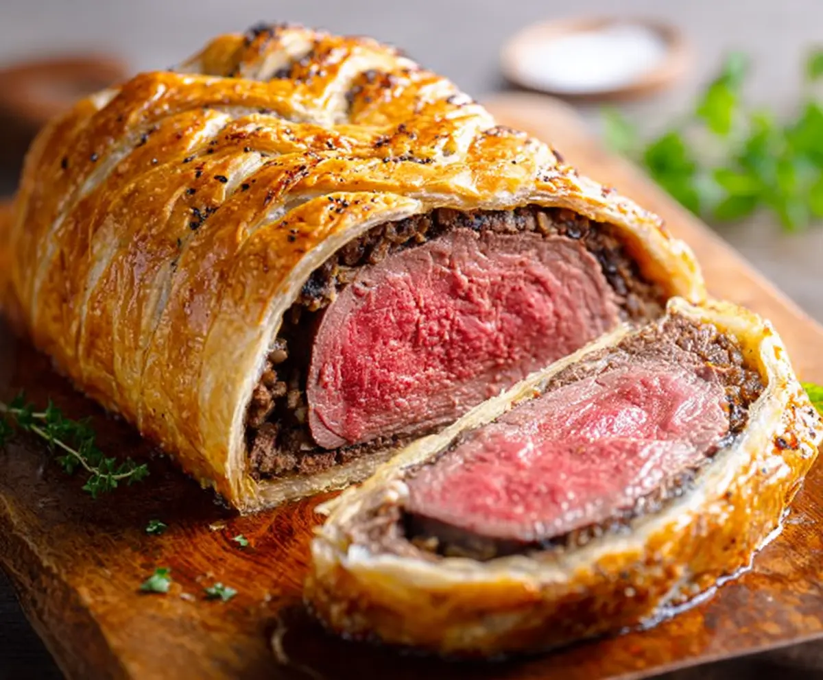 Delicious Beef Wellington featuring tender beef fillet wrapped in puff pastry with a golden crust and savory mushroom duxelles.