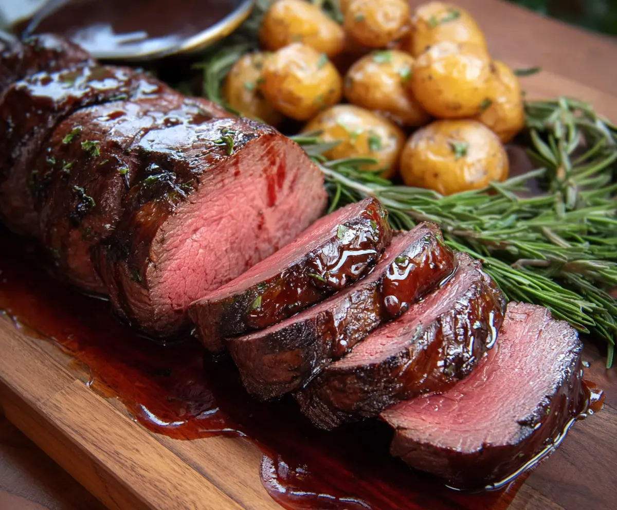 Juicy and tender beef tenderloin cooked to perfection, served as the centerpiece of a delicious meal.