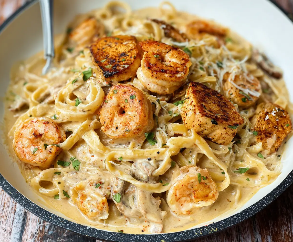 Delicious Cajun Chicken and Shrimp Alfredo served on a plate with creamy sauce and fresh herbs.