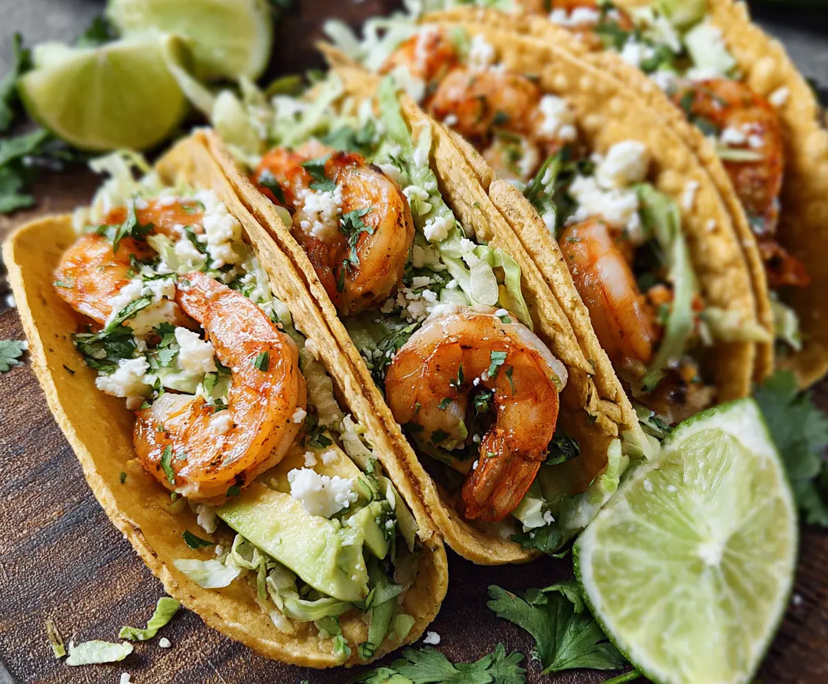 Delicious cilantro lime shrimp tacos garnished with fresh cilantro and wedges of lime.