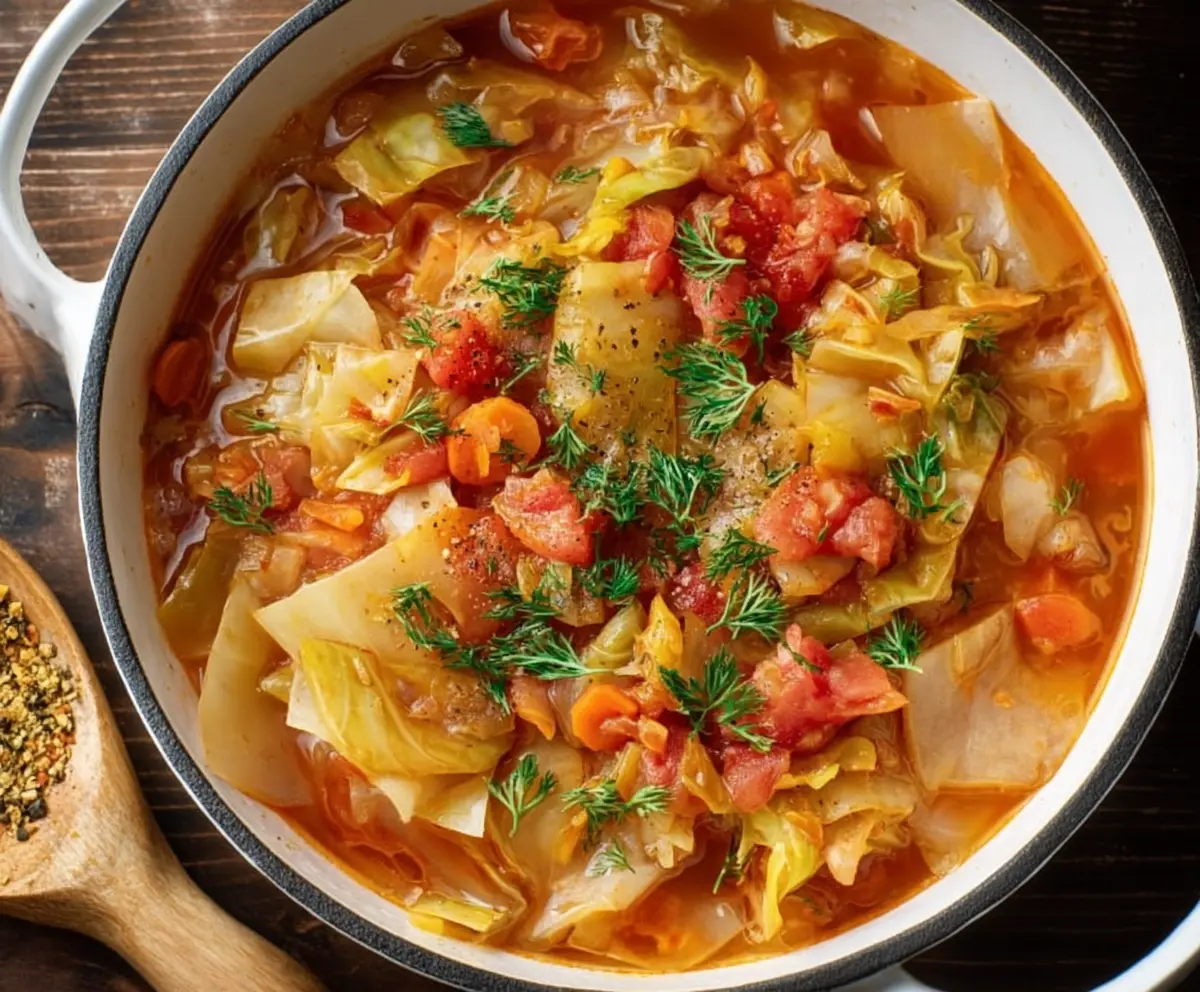 A steaming bowl of classic cabbage soup with chopped cabbage, carrots, and herbs, perfect for a healthy meal.