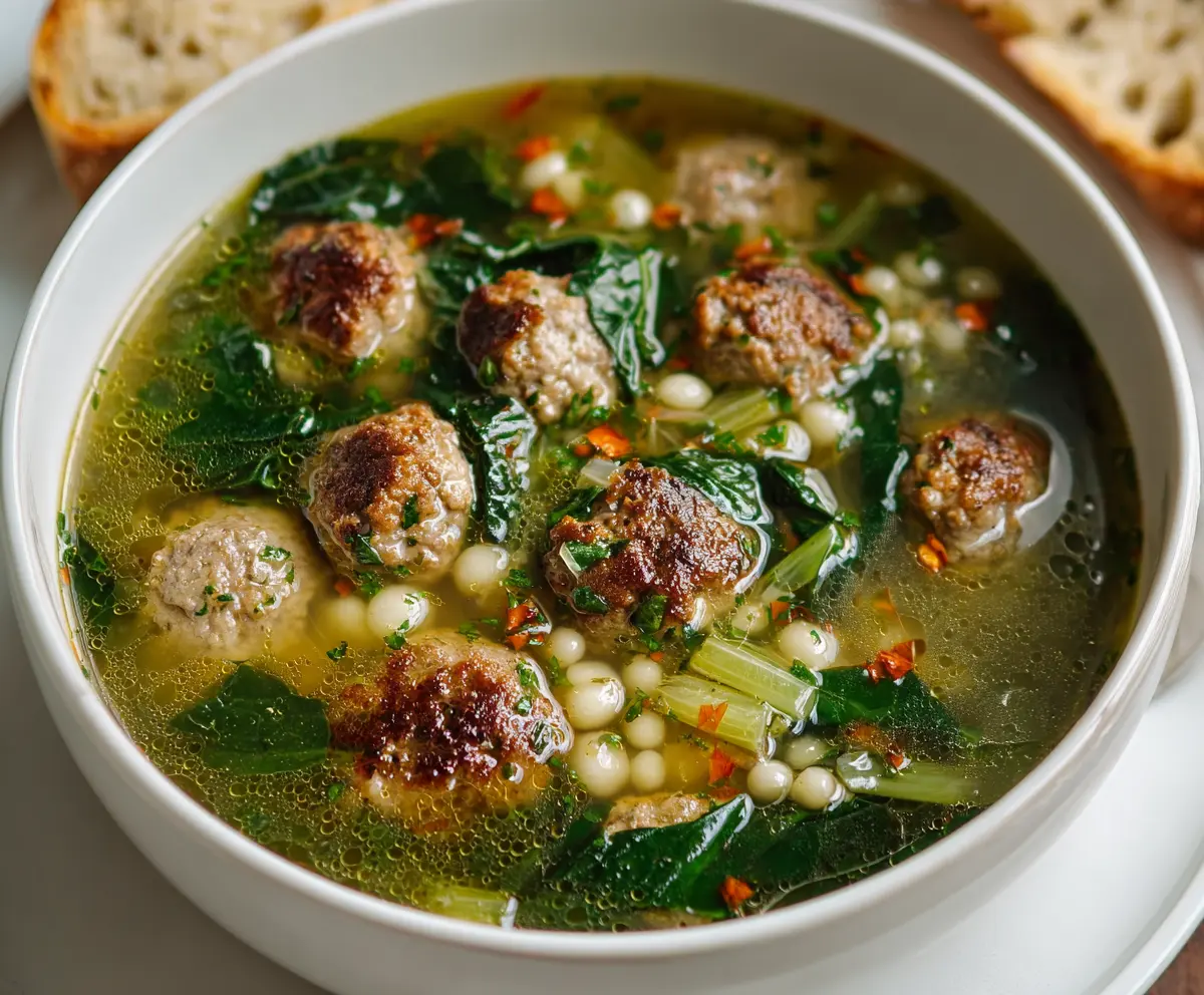 A bowl of warm Italian Wedding Soup with meatballs, spinach, and pasta in a savory broth.