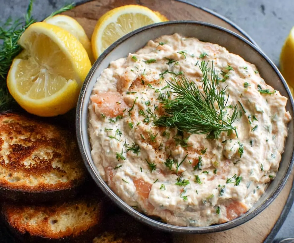Creamy smoked salmon dip garnished with fresh lemon slices and herbs, perfect for appetizers.