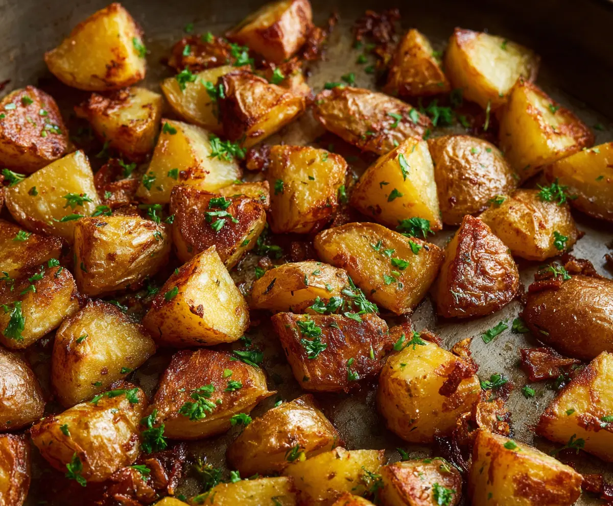 Golden brown crispy breakfast potatoes served with herbs and spices.