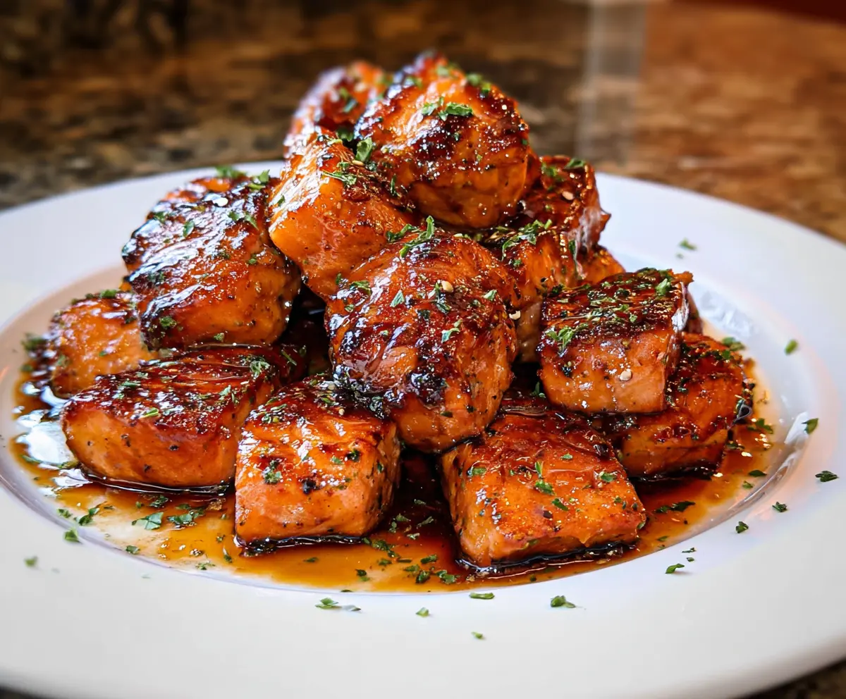 Delicious crispy honey garlic salmon bites garnished with fresh herbs on a white plate.