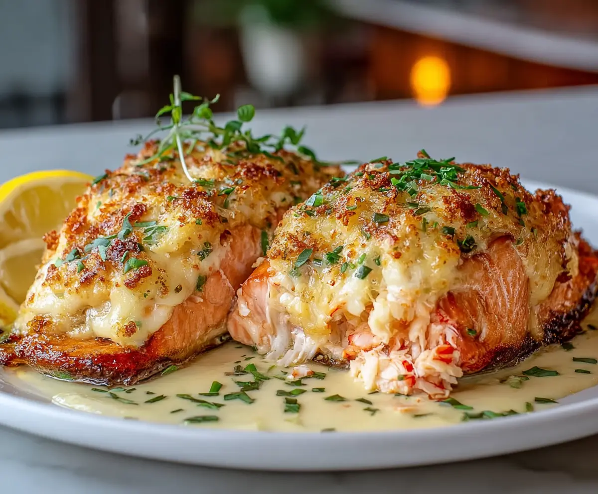 Crab and shrimp stuffed salmon fillet topped with herbs on a serving plate