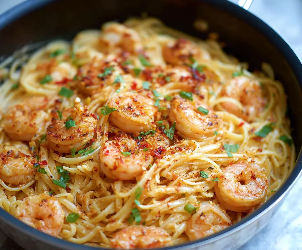 Delicious Easy Bang Bang Shrimp Pasta topped with creamy sauce and crispy shrimp, served on a white plate.
