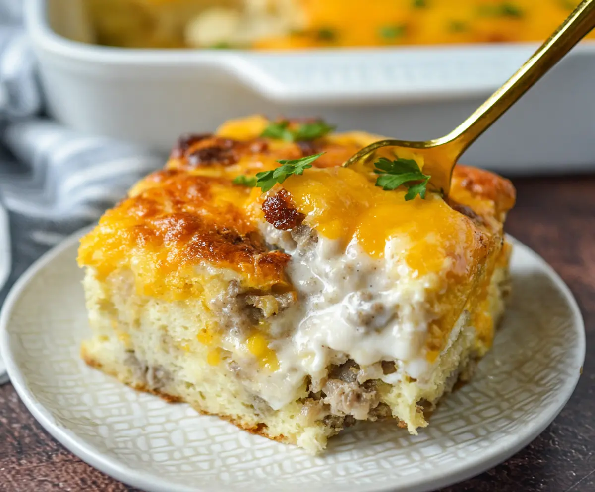 Delicious Easy Biscuits and Gravy Breakfast Casserole with golden biscuits and creamy gravy in a baking dish