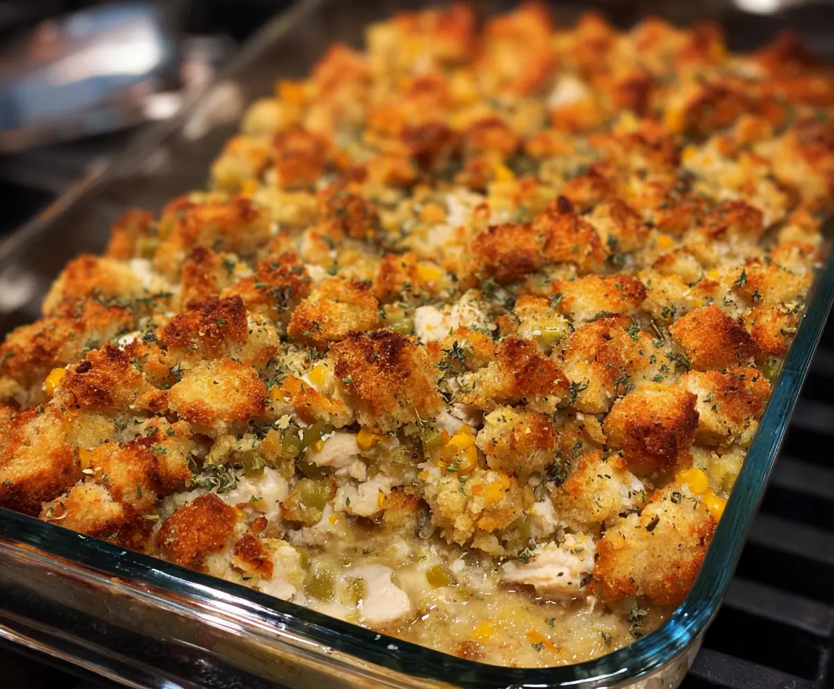 Delicious easy chicken and stuffing bake served in a baking dish with golden brown top.