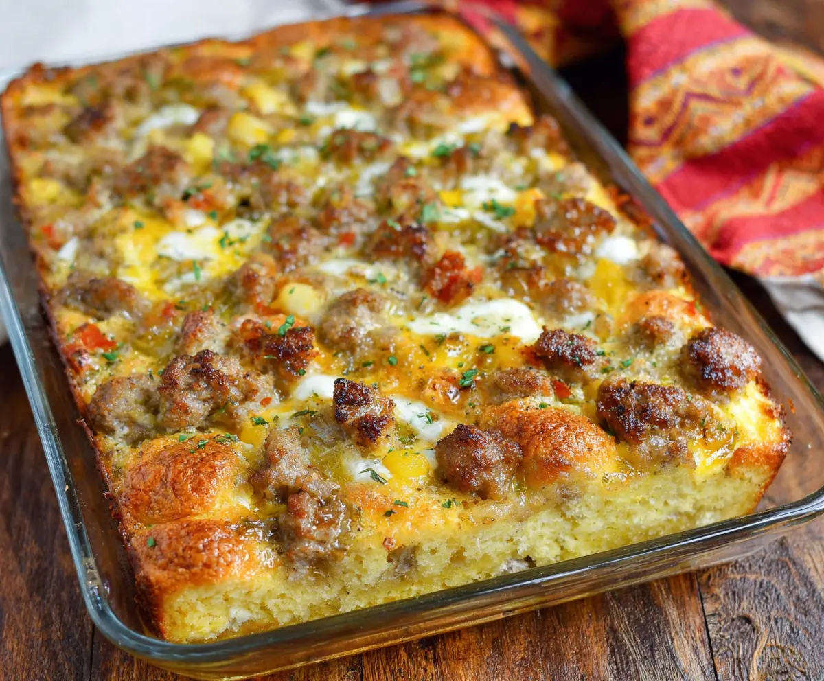 Delicious Easy Sausage and Egg Casserole served fresh for breakfast.
