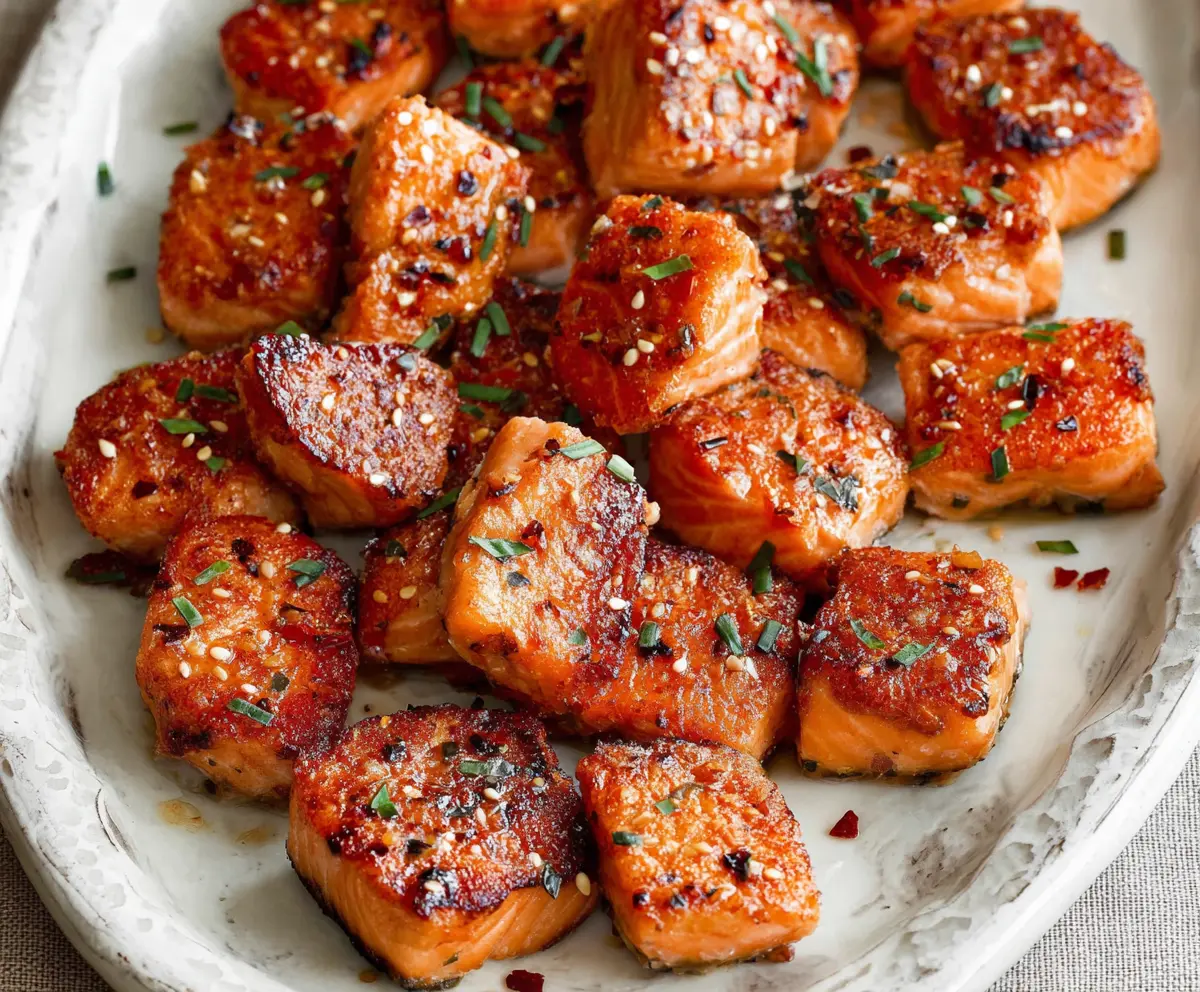 Delicious salmon bites served on a plate, highlighting a quick and flavorful seafood recipe.