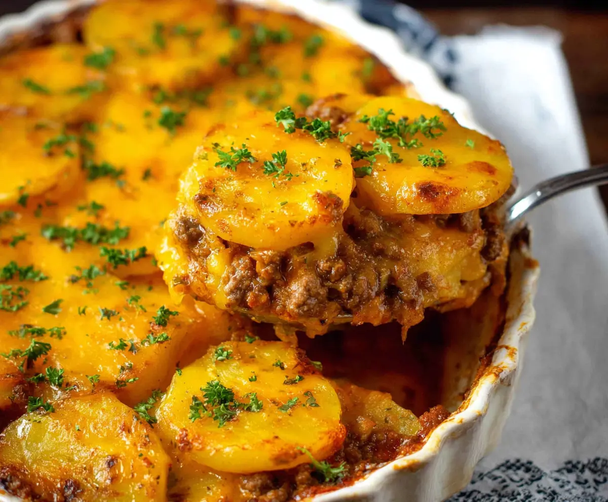 Delicious ground beef and potato casserole with melted cheese and fresh herbs.