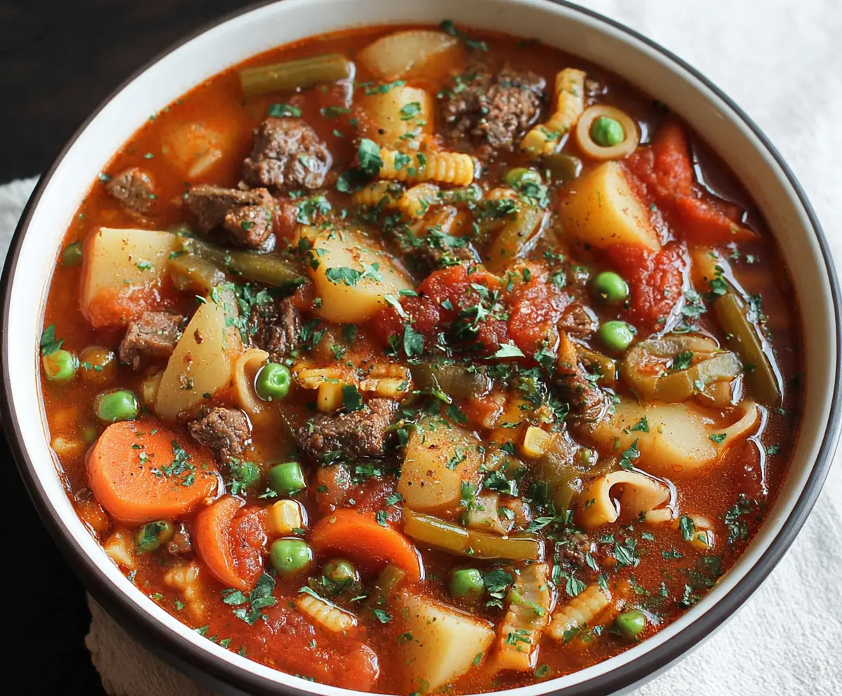 Bowl of Hearty Veggie Beef Soup with fresh vegetables and tender beef chunks.
