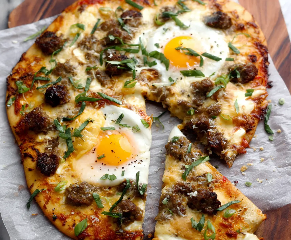 Delicious high protein sausage and egg breakfast pizza on a white plate, perfect for a nutritious morning meal.