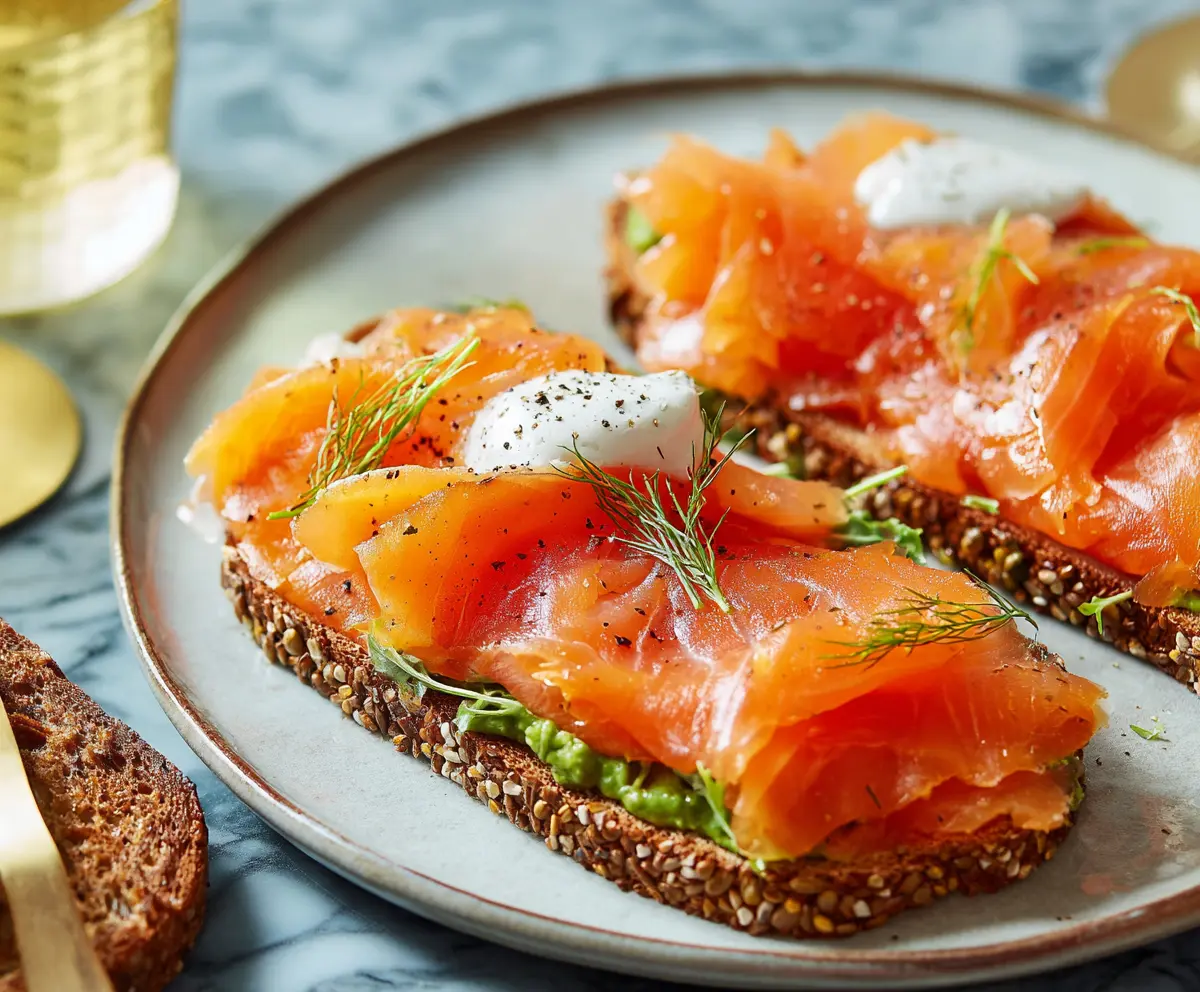 Delicious smoked salmon dish garnished with fresh herbs and lemon for a tasty appetizer or main course.