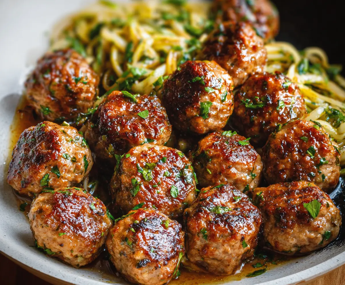 Delicious crispy keto garlic butter meatballs served on a white plate ready to eat.