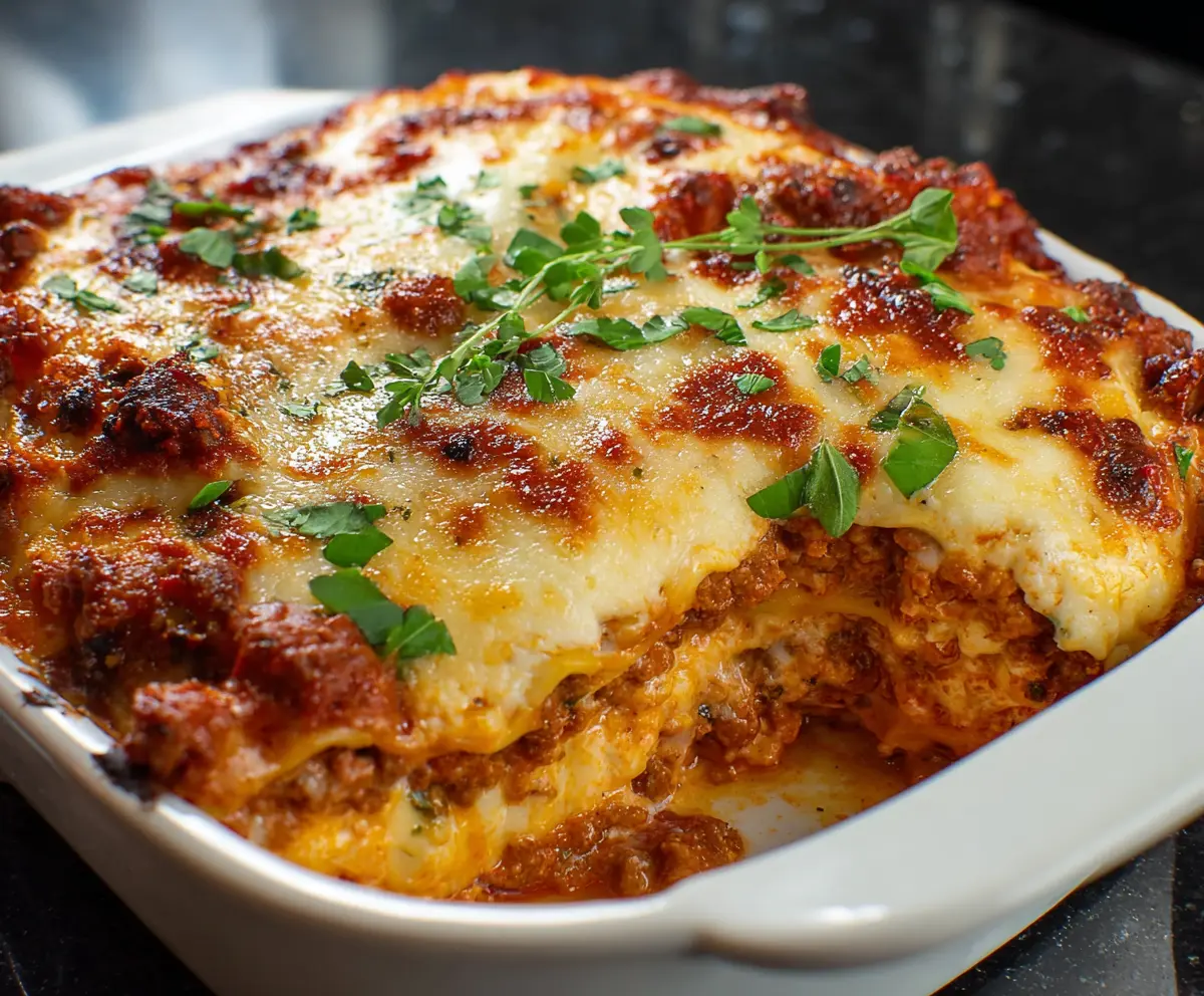 Delicious keto lasagna with layers of cheese, meat sauce, and zucchini noodles for a low-carb meal.