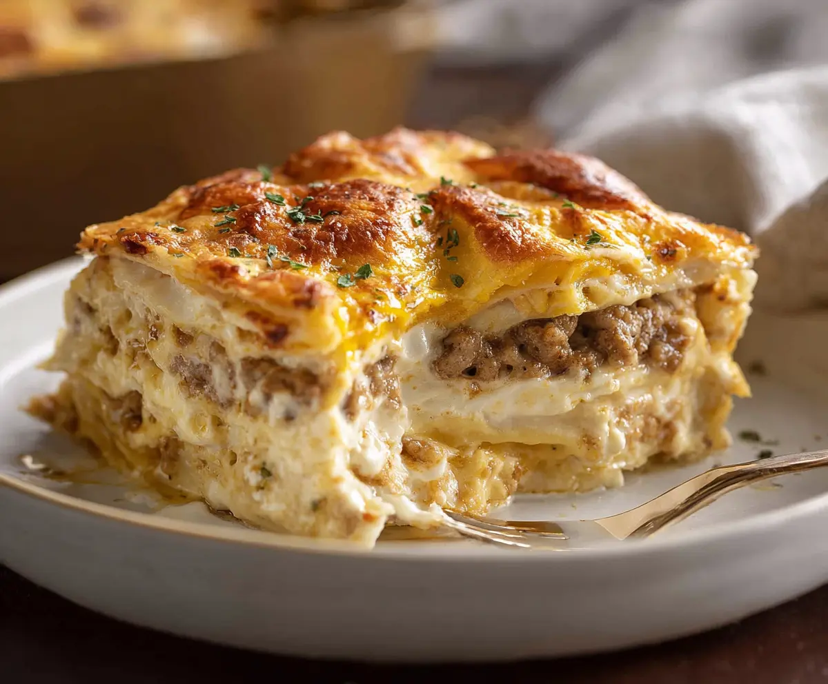 Delicious homemade lasagna with ricotta cheese layers, perfect for dinner.