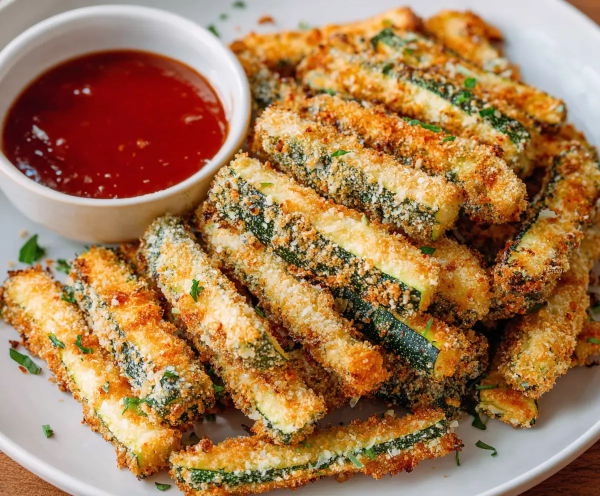 Crunchy low calorie air fryer zucchini fries served with a fresh dipping sauce.