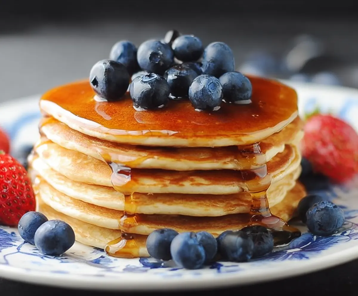 Healthy low calorie skinny pancakes stacked on a plate with fresh berries and a drizzle of syrup perfect for a light breakfast.