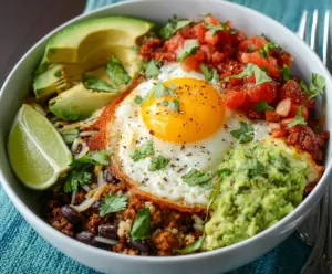 Delicious Low Carb Breakfast Burrito Bowl with eggs, cheese, and fresh vegetables in a bowl.
