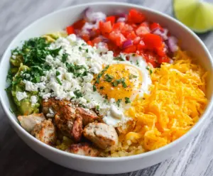 Low Carb Breakfast Burrito Bowl with scrambled eggs, avocado, and cheese in a bowl.