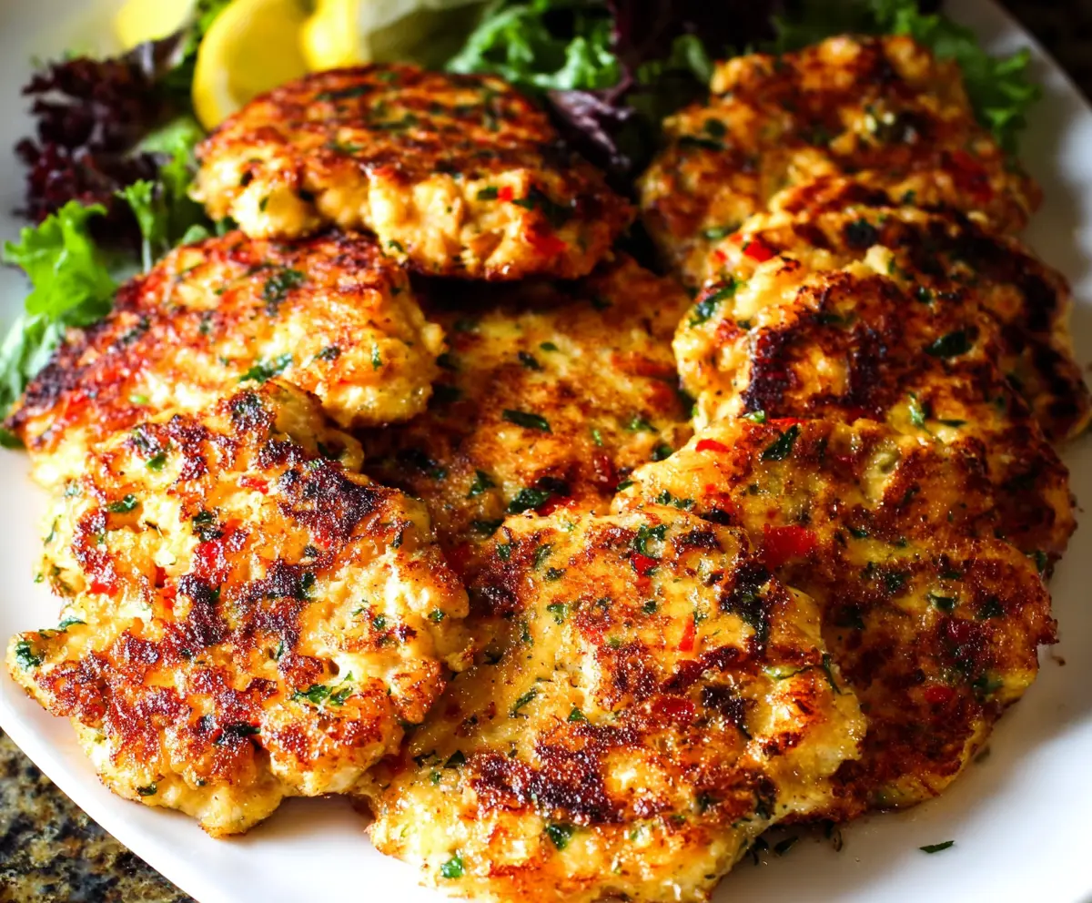 Delicious cheesy chicken fritters for a low carb dinner, crispy and golden brown.