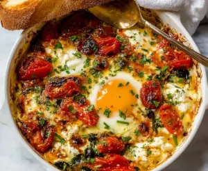 Delicious Mediterranean Baked Feta Eggs topped with fresh herbs and cherry tomatoes.