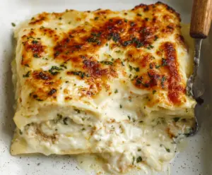 Delicious creamy white lasagna with layers of cheese and tender pasta, perfect for a comforting meal.