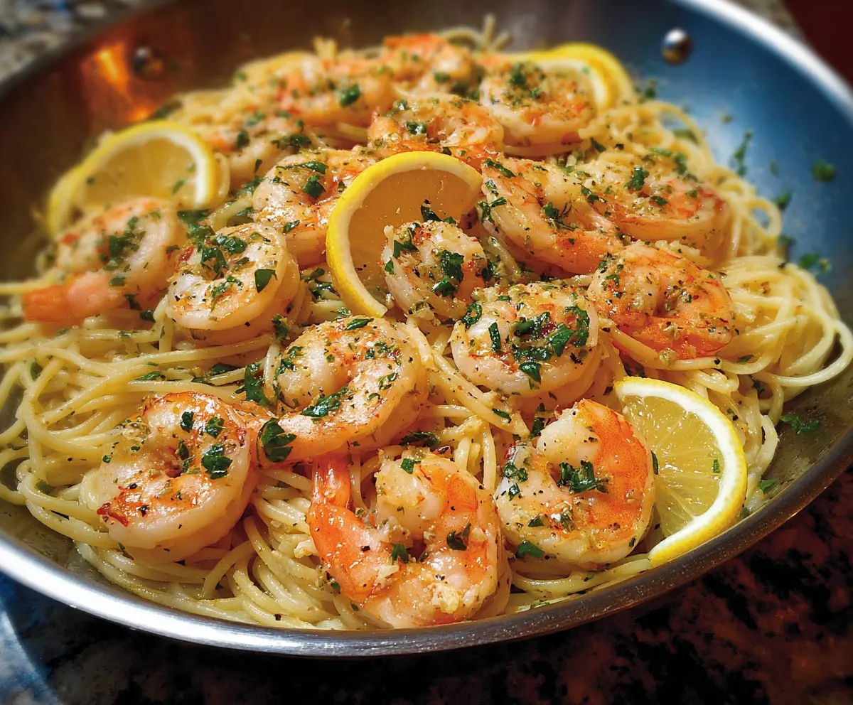 Delicious shrimp scampi served with lemon and herbs on a white plate, perfect for any occasion.