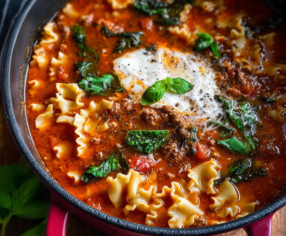 Delicious quick lasagna soup in a bowl with melted cheese and pasta fresh herbs