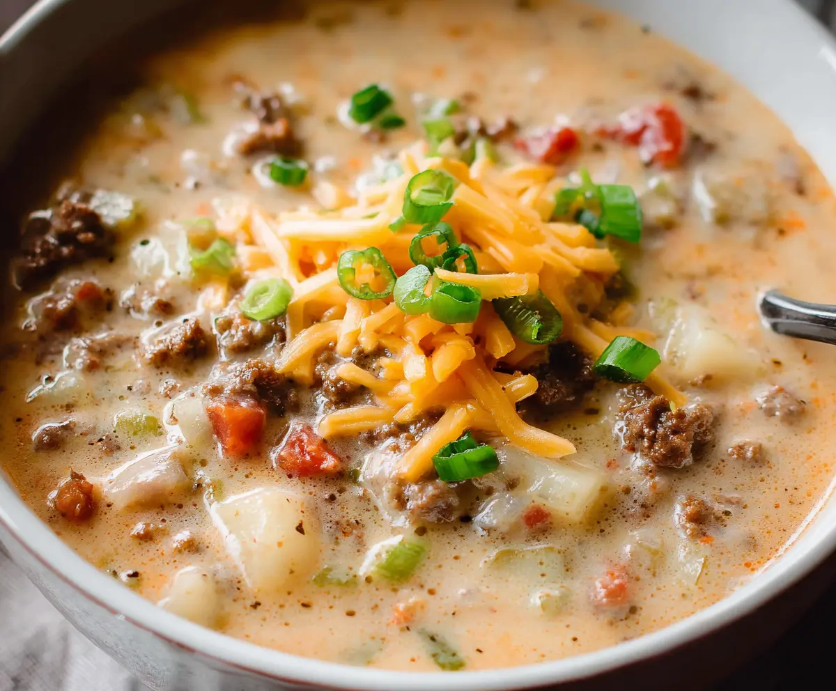 Creamy Cheeseburger Soup with melted cheese, ground beef, and fresh vegetables in a bowl.
