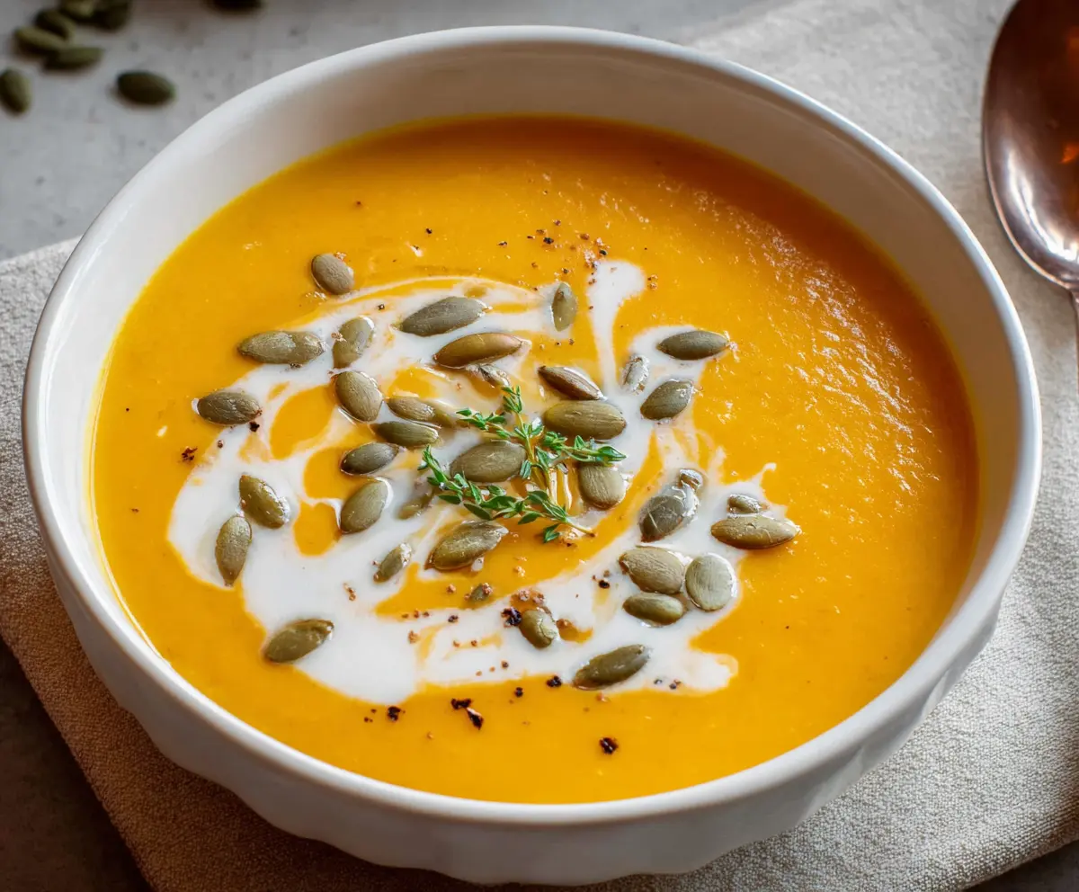 Creamy roasted butternut squash soup served in a bowl with a sprinkle of herbs.