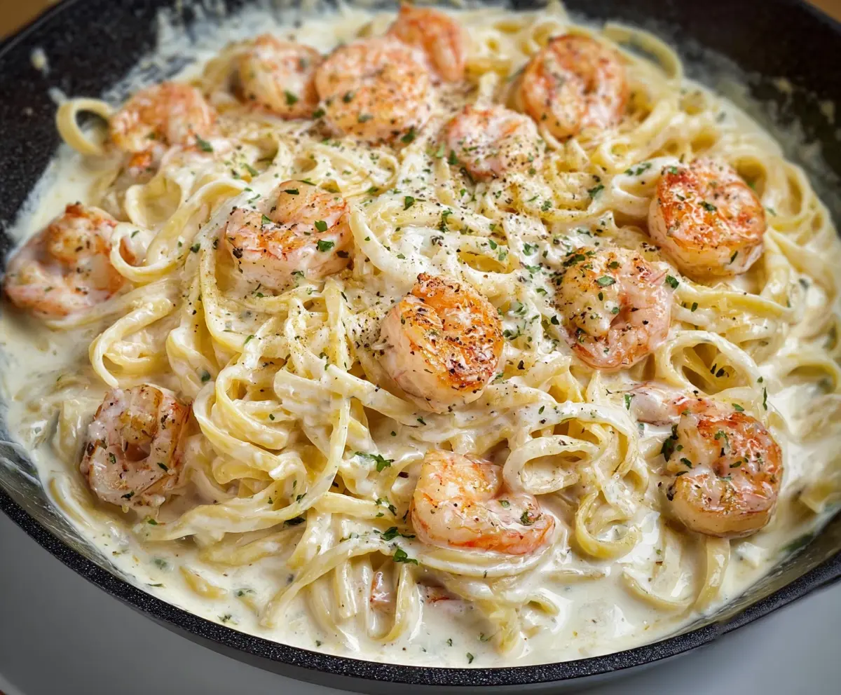 Creamy Shrimp Alfredo pasta dish garnished with Parmesan cheese and parsley, perfect for a gourmet Italian meal.