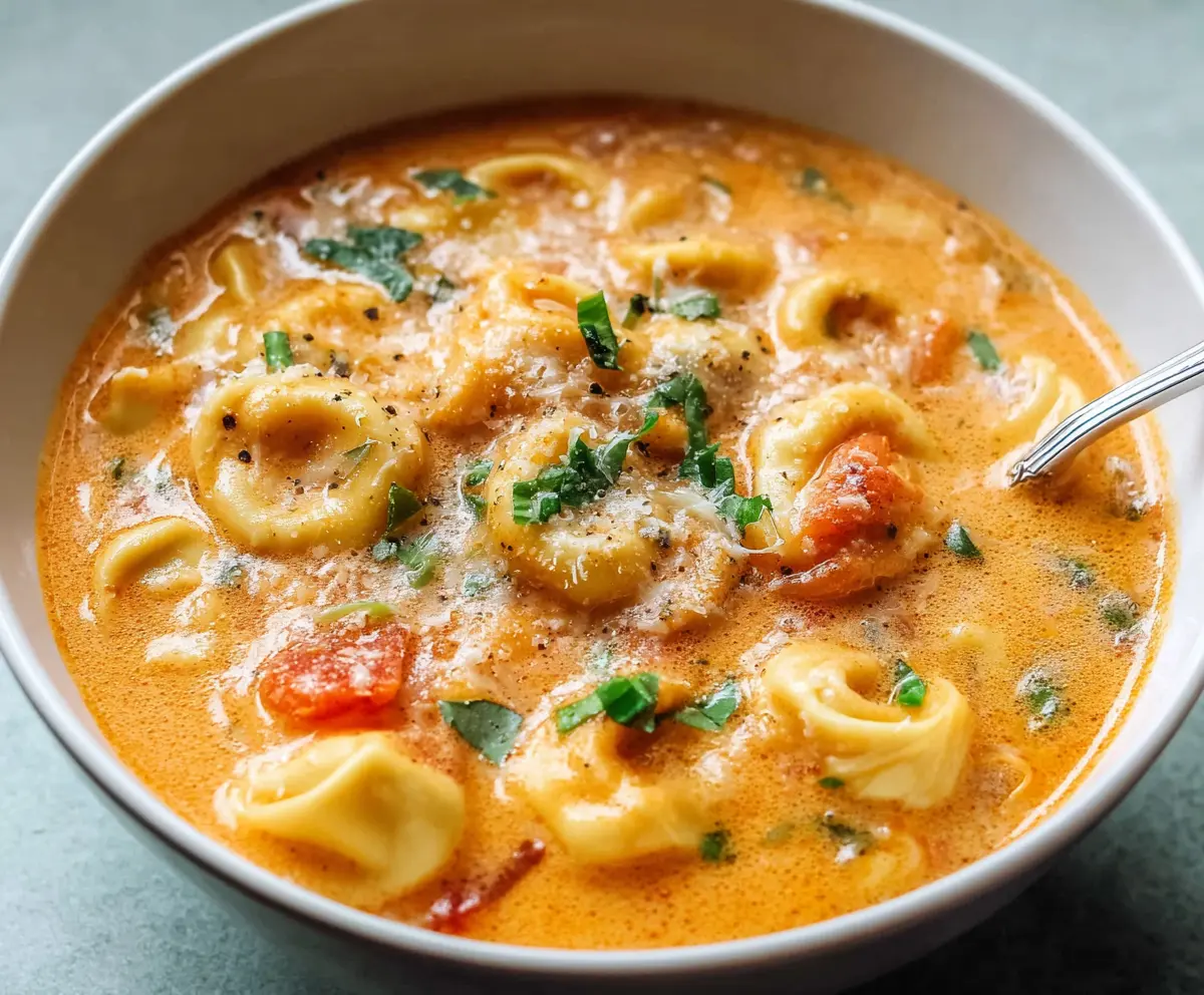 Creamy Silky Tortellini Soup in a bowl with fresh herbs for a comforting recipe image