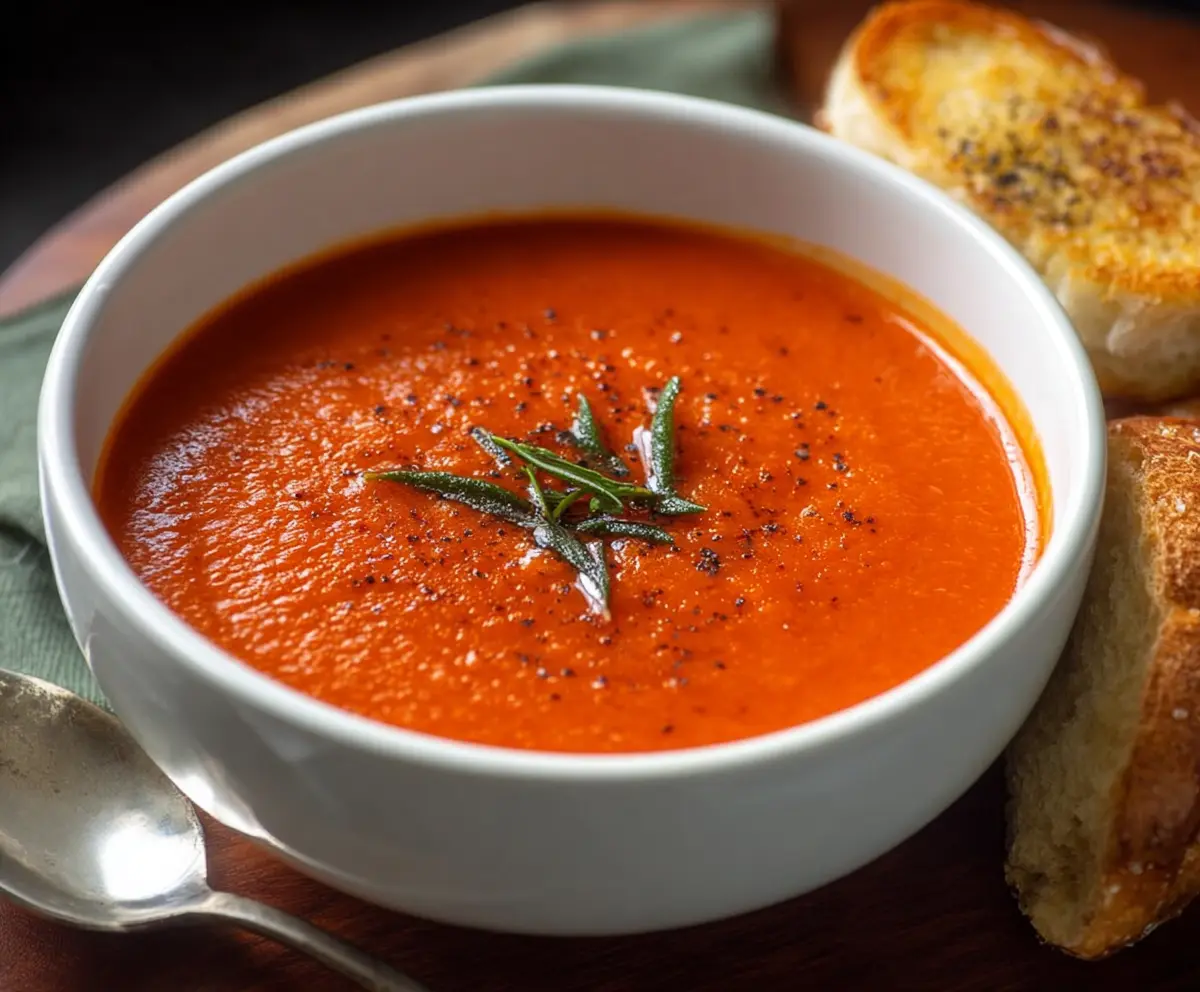 Creamy and vibrant smooth tomato soup served in a bowl, garnished with fresh basil leaves.