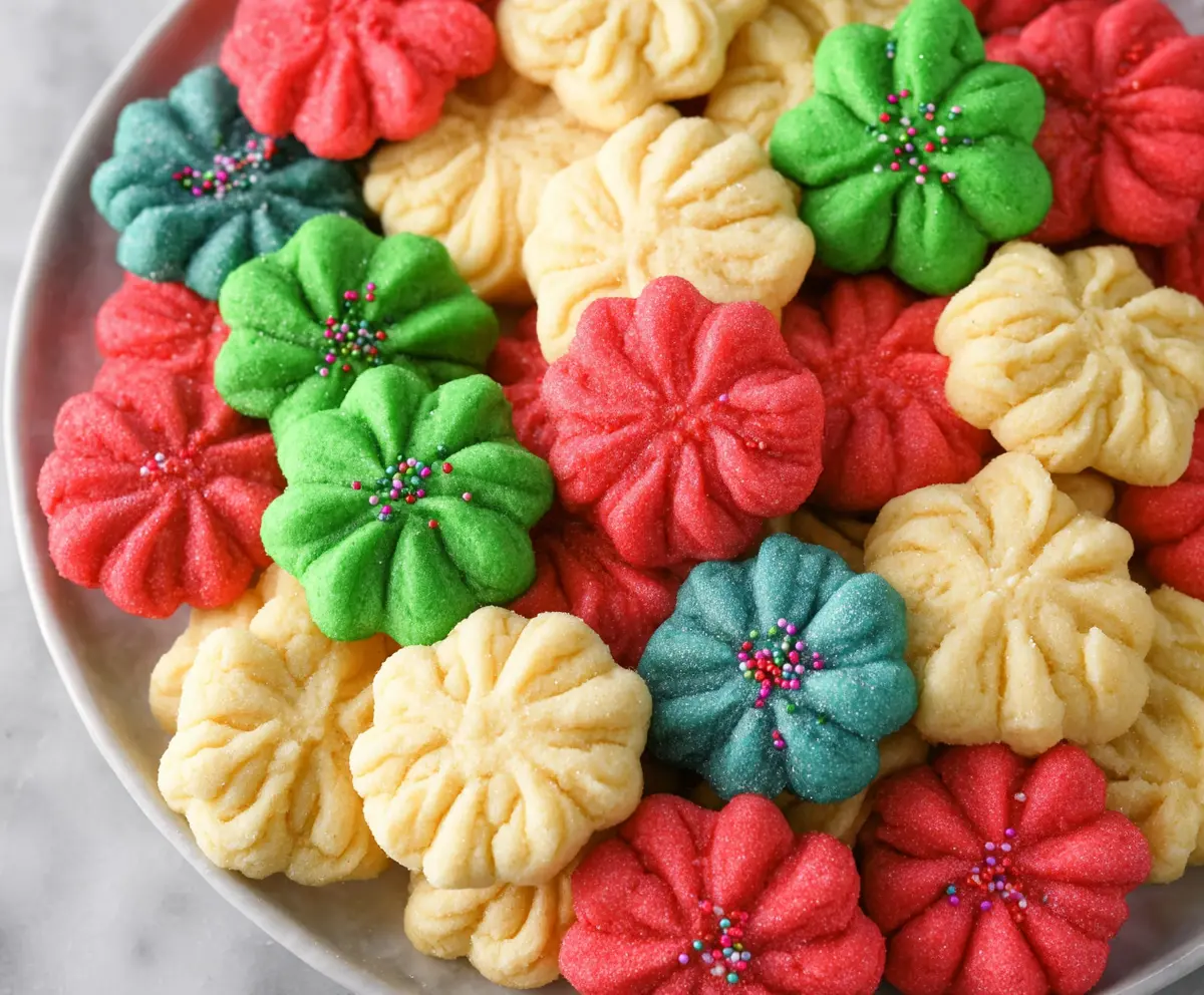 Delicious spritz cookies piping out from a cookie press on a baking tray.