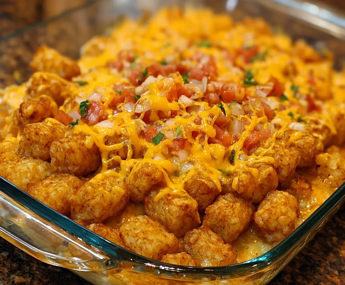Delicious Tater Tot Casserole in a baking dish topped with melted cheese and crispy tater tots.