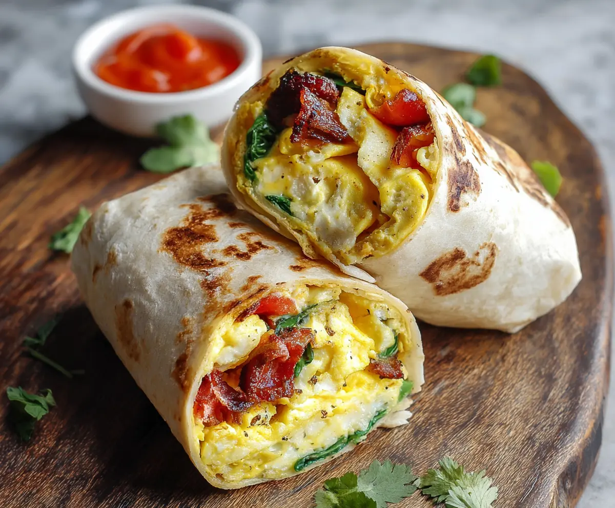 Healthy breakfast burritos filled with fresh vegetables and scrambled eggs on a plate.